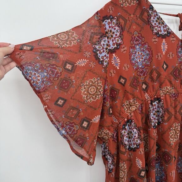 Maurices Orange Boho Multi Pattern Wide Sleeve Flowy Long Midi Dress 4X Plus - Picture 3 of 8